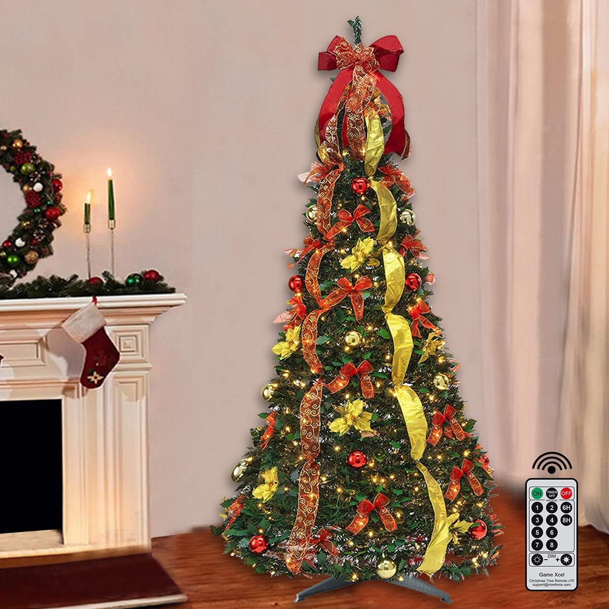 6FT Prelit Pop Up Artificial Christmas Tree Pull with Lights, Decorations, Remote - Red, Gold Ornaments, Bows, Ribbons