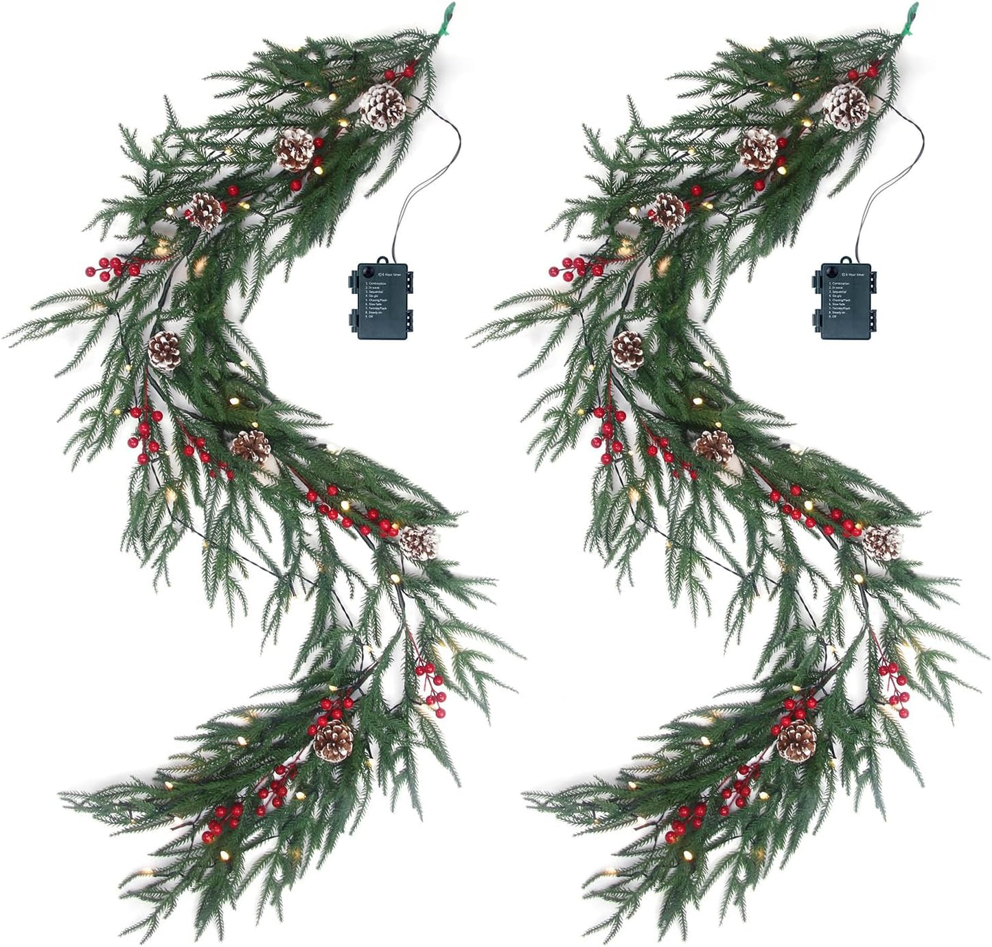 10FT Christmas Garland with 50 LED Lights - Pre-lit Outdoor Xmas Garland - Battery Powered Waterproof String Light with Timer - Pine Garland with Red Berries Snow Pine Cones - 10 Foot by 10 Inch