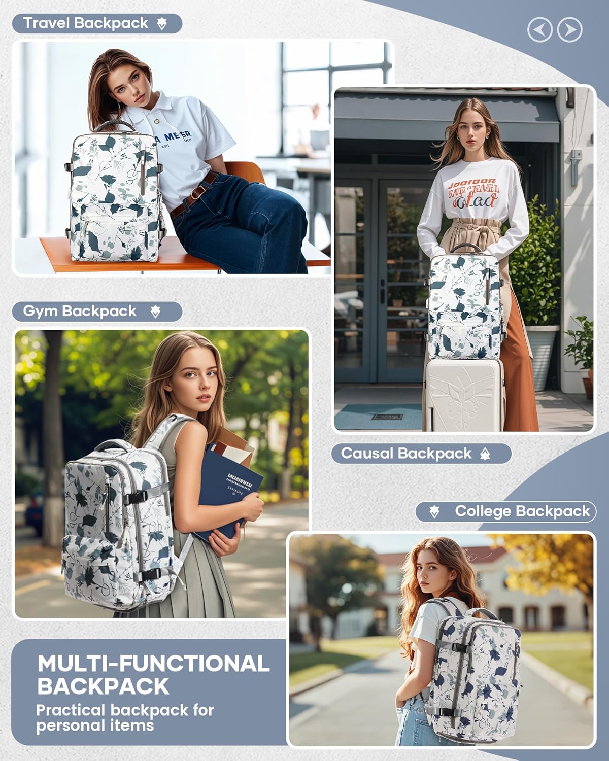 Women's Vacuum Travel Backpack, 18×14×8 Inch Carry-On for Spirit Airlines, Laptop Hiking Rucksack-white