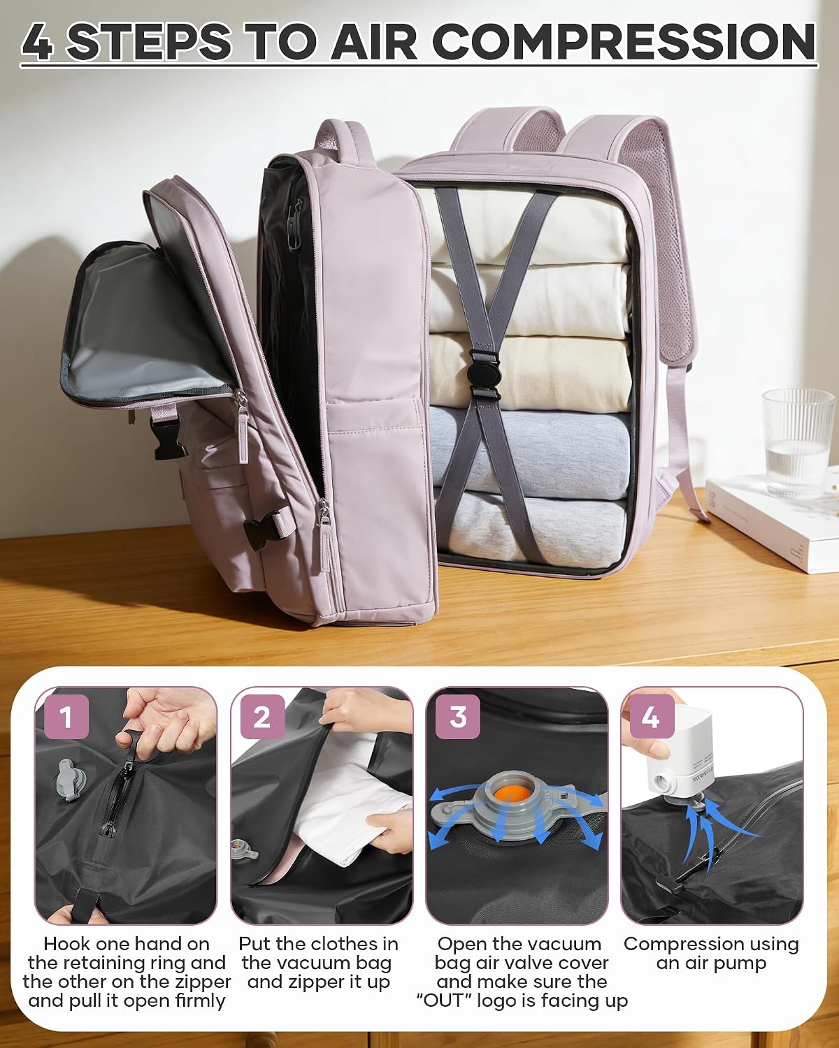 Women's Vacuum Travel Backpack, 18×14×8 Inch Carry-On for Spirit Airlines, Laptop Hiking Rucksack-lotuspink