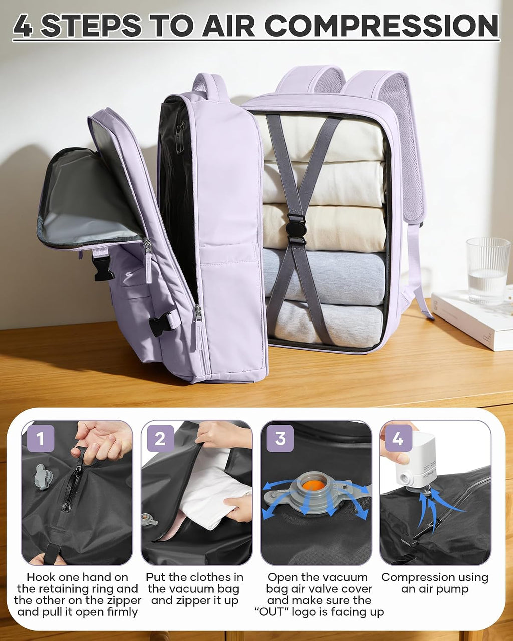 Women's Vacuum Travel Backpack, 18×14×8 Inch Carry-On for Spirit Airlines, Laptop Hiking Rucksack-purple