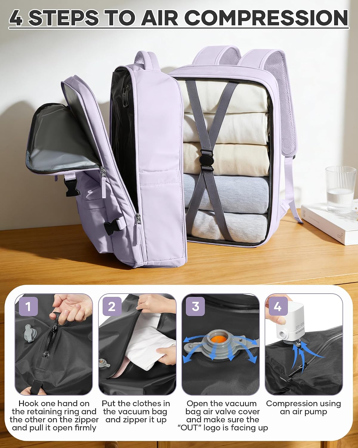 Women's Vacuum Travel Backpack, 18×14×8 Inch Carry-On for Spirit Airlines, Laptop Hiking Rucksack-purple