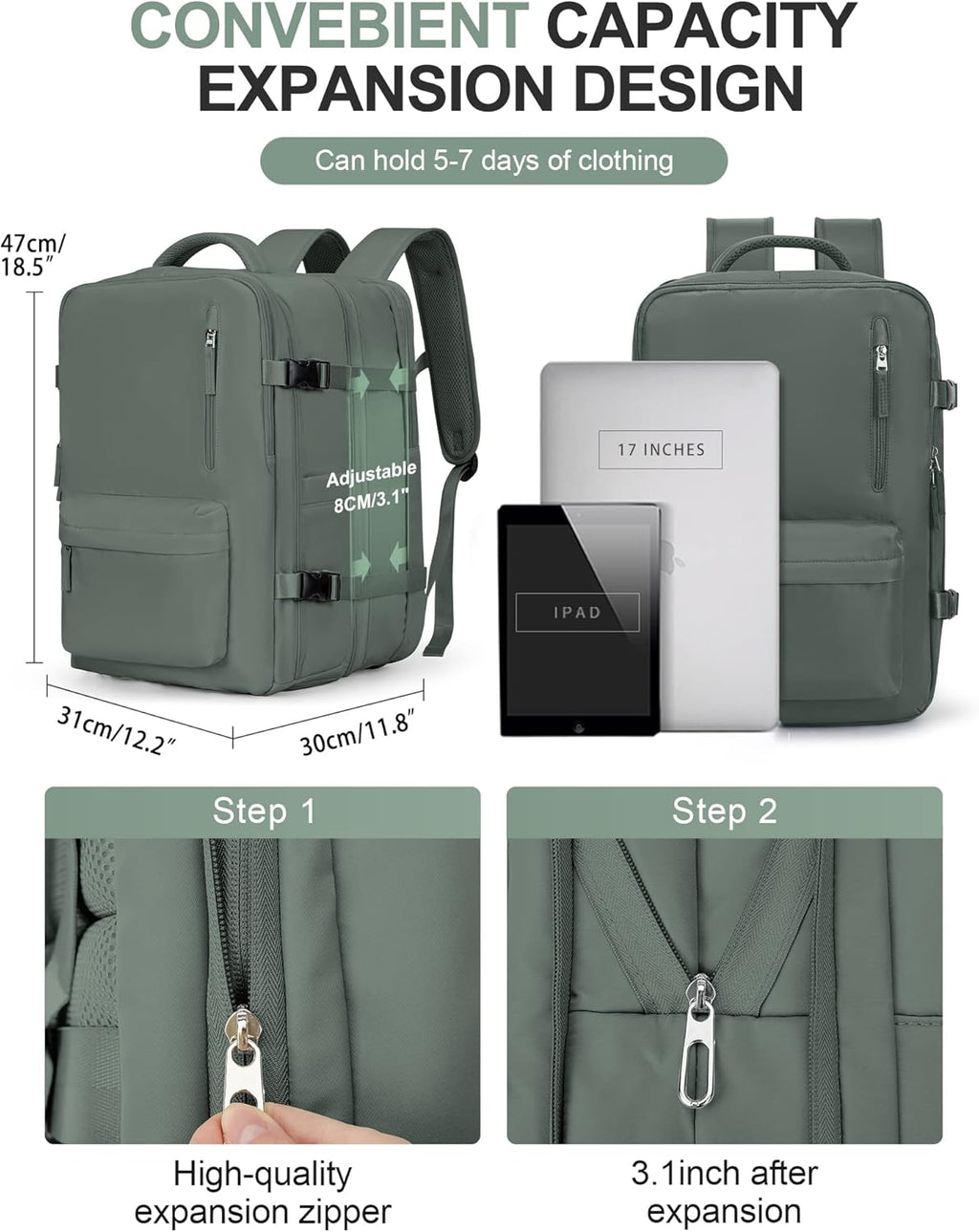 Women's Vacuum Travel Backpack, 18×14×8 Inch Carry-On for Spirit Airlines, Laptop Hiking Rucksack-darkgreen