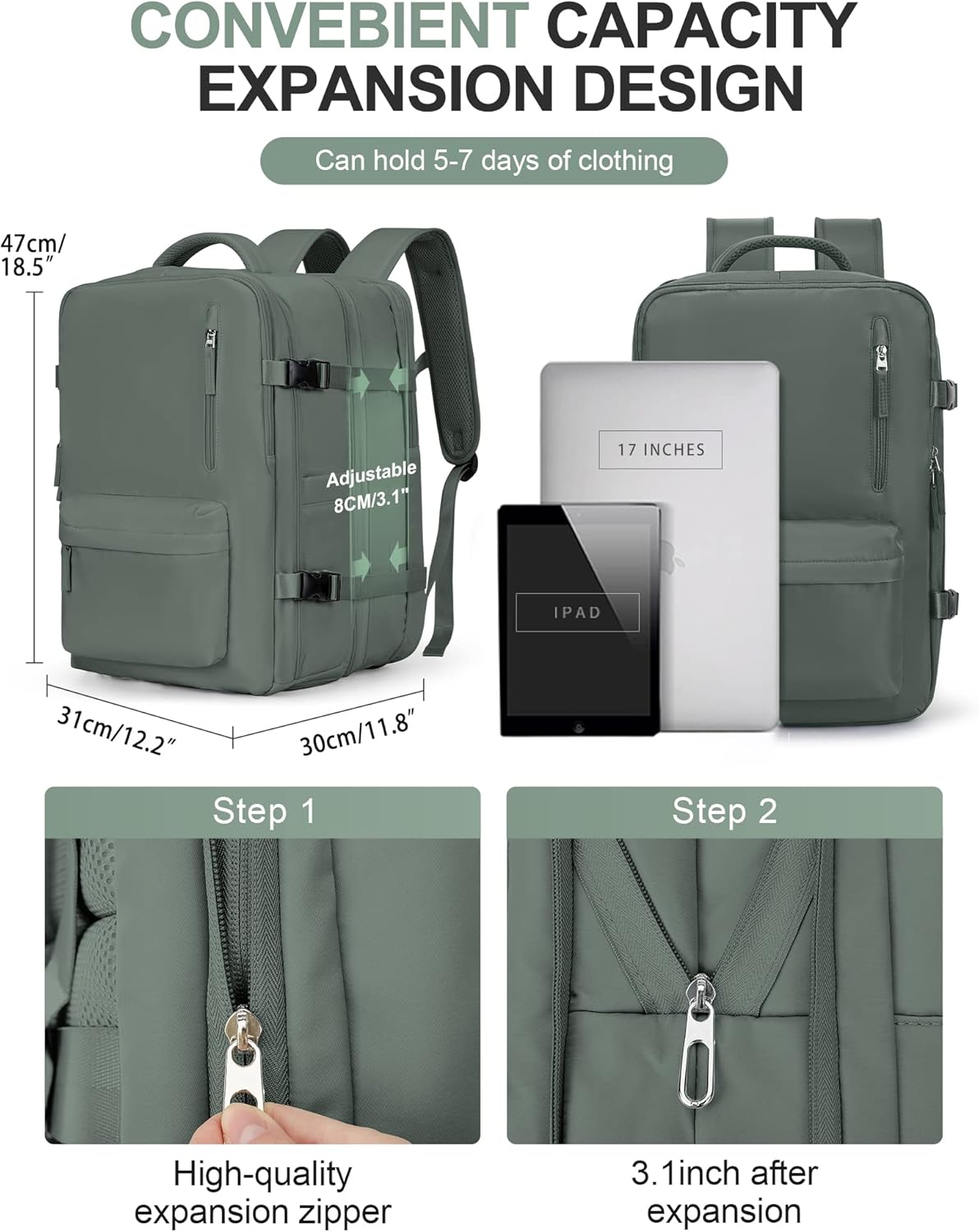 Women's Vacuum Travel Backpack, 18×14×8 Inch Carry-On for Spirit Airlines, Laptop Hiking Rucksack-darkgreen