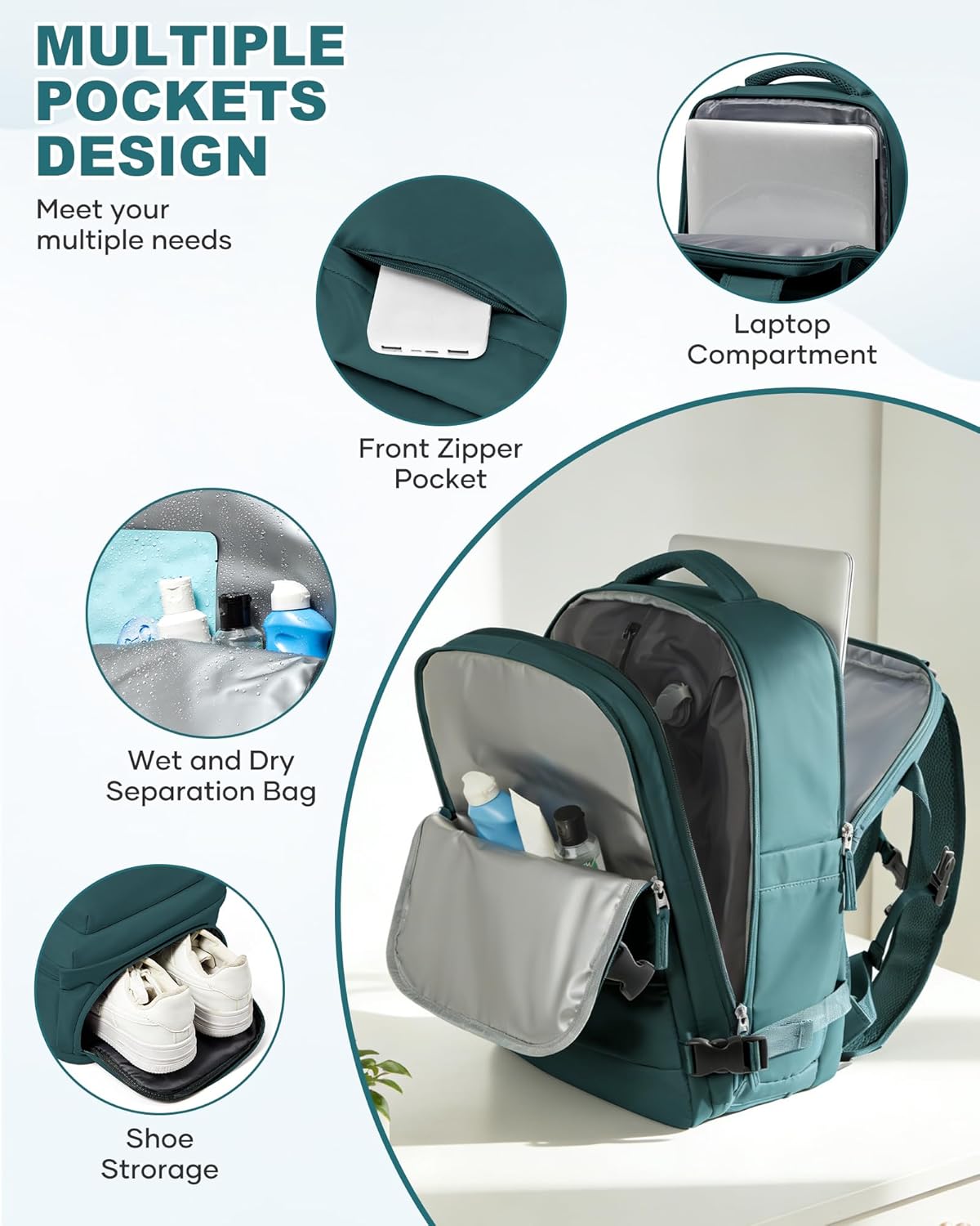 Women's Vacuum Travel Backpack, 18×14×8 Inch Carry-On for Spirit Airlines, Laptop Hiking Rucksack-peacockblue1