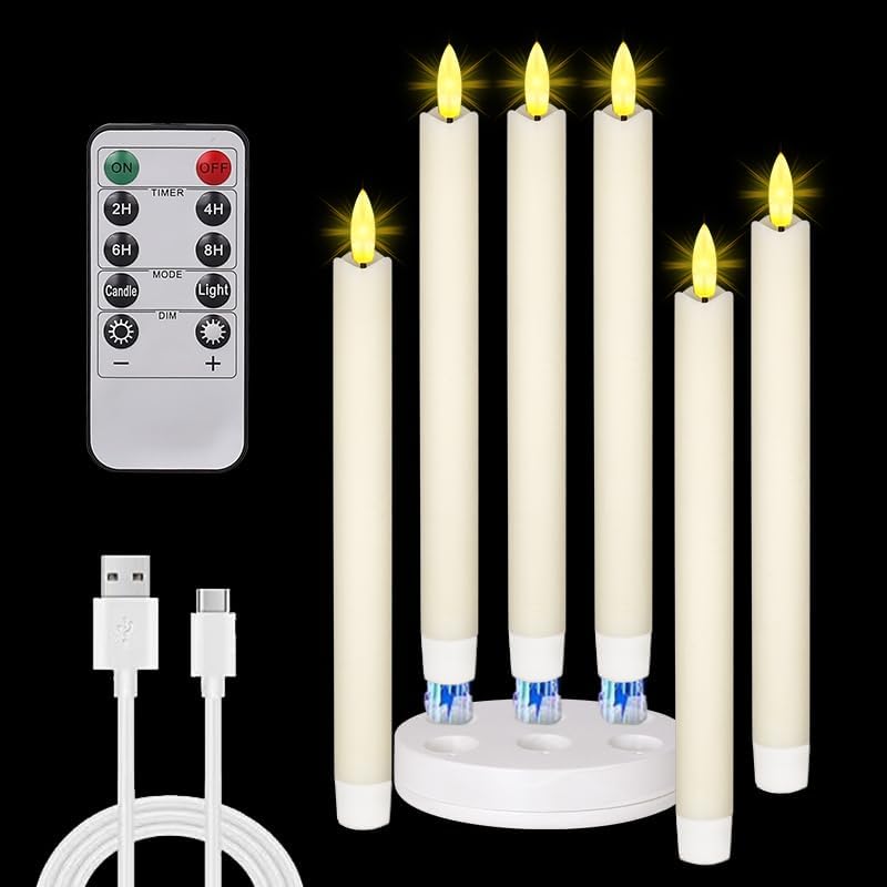 GameXcel 6Pcs Rechargeable Flameless Real Wax Flickering LED Taper Candles with Charger Remote Timer for Christmas Home Decor