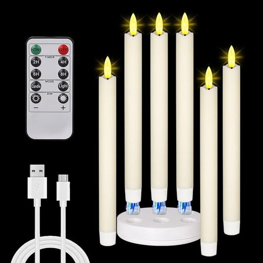 GameXcel 6Pcs Rechargeable Flameless Real Wax Flickering LED Taper Candles with Charger Remote Timer for Christmas Home Decor