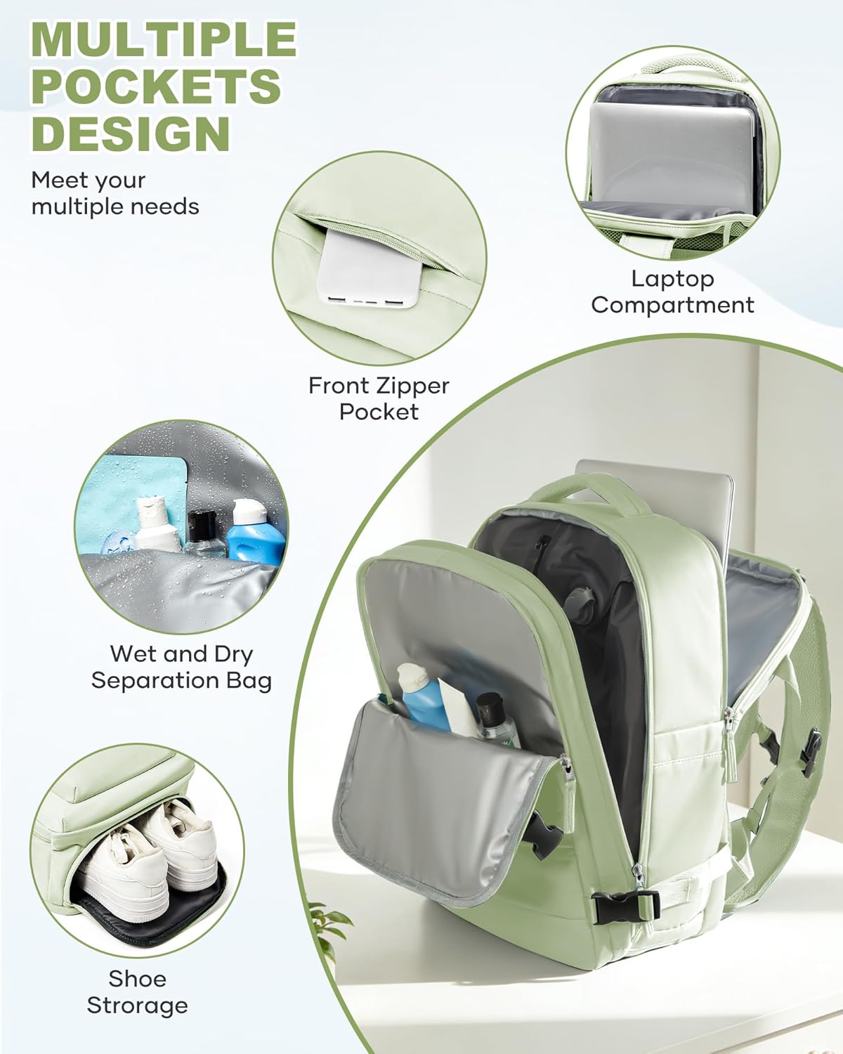 Women's Vacuum Travel Backpack, 18×14×8 Inch Carry-On for Spirit Airlines, Laptop Hiking Rucksack-mintgreen
