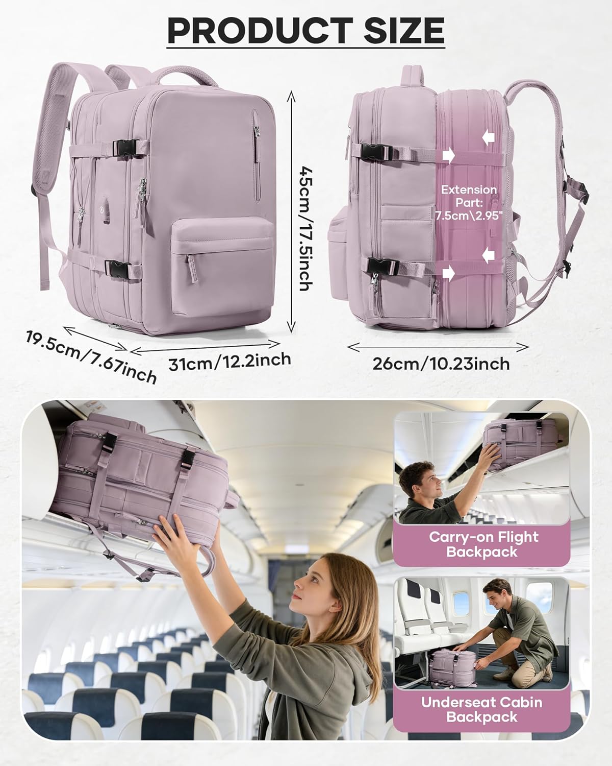 Women's Vacuum Travel Backpack, 18×14×8 Inch Carry-On for Spirit Airlines, Laptop Hiking Rucksack-lotuspink