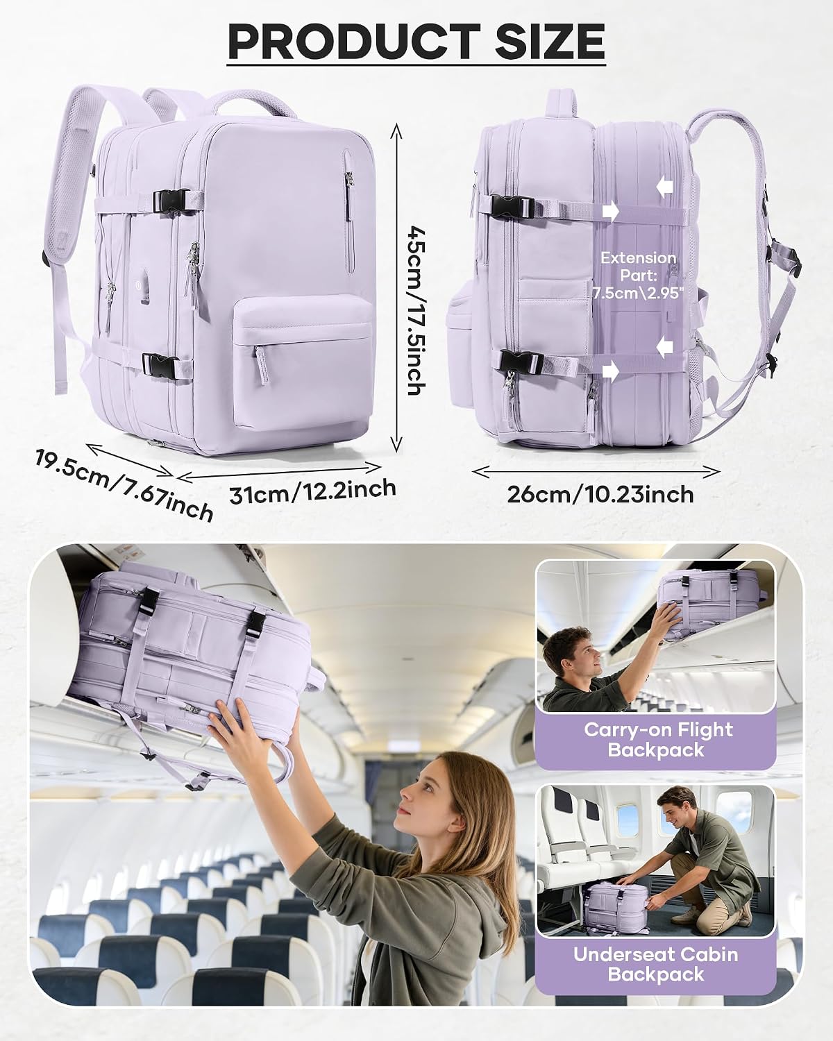 Women's Vacuum Travel Backpack, 18×14×8 Inch Carry-On for Spirit Airlines, Laptop Hiking Rucksack-purple