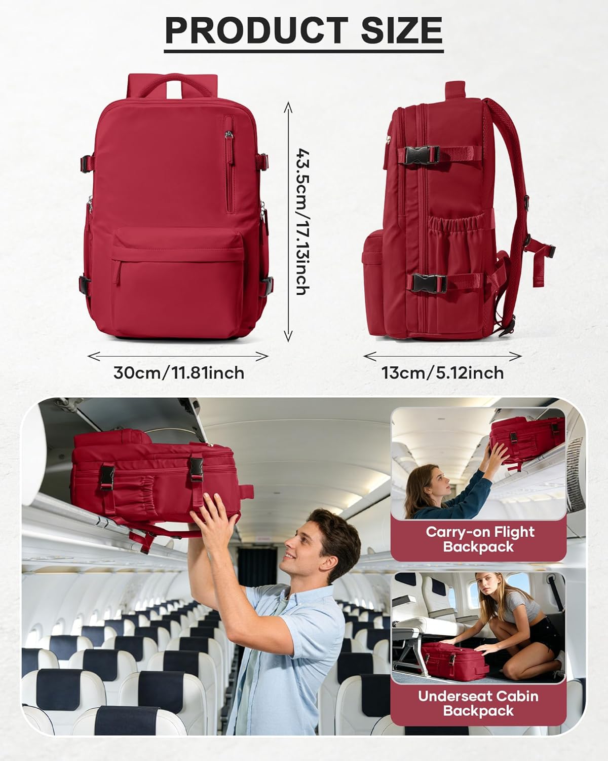 Women's Vacuum Travel Backpack, 18×14×8 Inch Carry-On for Spirit Airlines, Laptop Hiking Rucksack-red