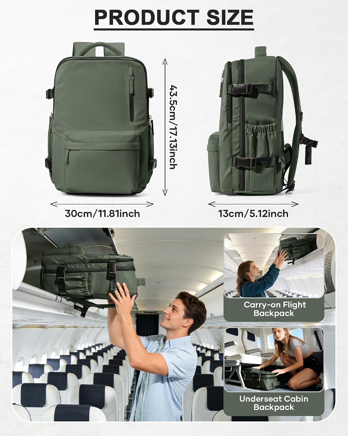 Women's Vacuum Travel Backpack, 18×14×8 Inch Carry-On for Spirit Airlines, Laptop Hiking Rucksack-browngreen