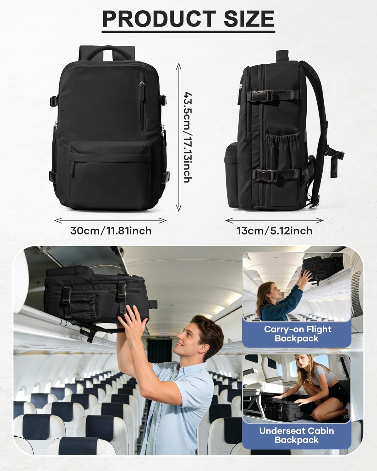 Women's Vacuum Travel Backpack, 18×14×8 Inch Carry-On for Spirit Airlines, Laptop Hiking Rucksack-black