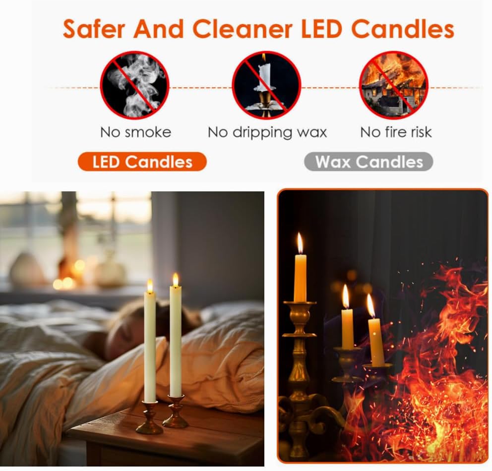 GameXcel 6Pcs Rechargeable Flameless Real Wax Flickering LED Taper Candles with Charger Remote Timer for Christmas Home Decor