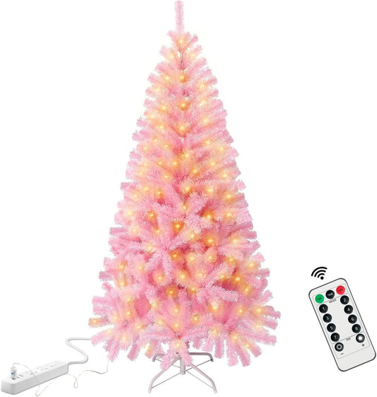 7.5ft Pink Christmas Tree with USB String Lights, Artificial Christmas Tree with Metal Stand 1000 Branch Tips 8 Lighting Modes Remote Timer-Xmas Party Office Mall Decorations