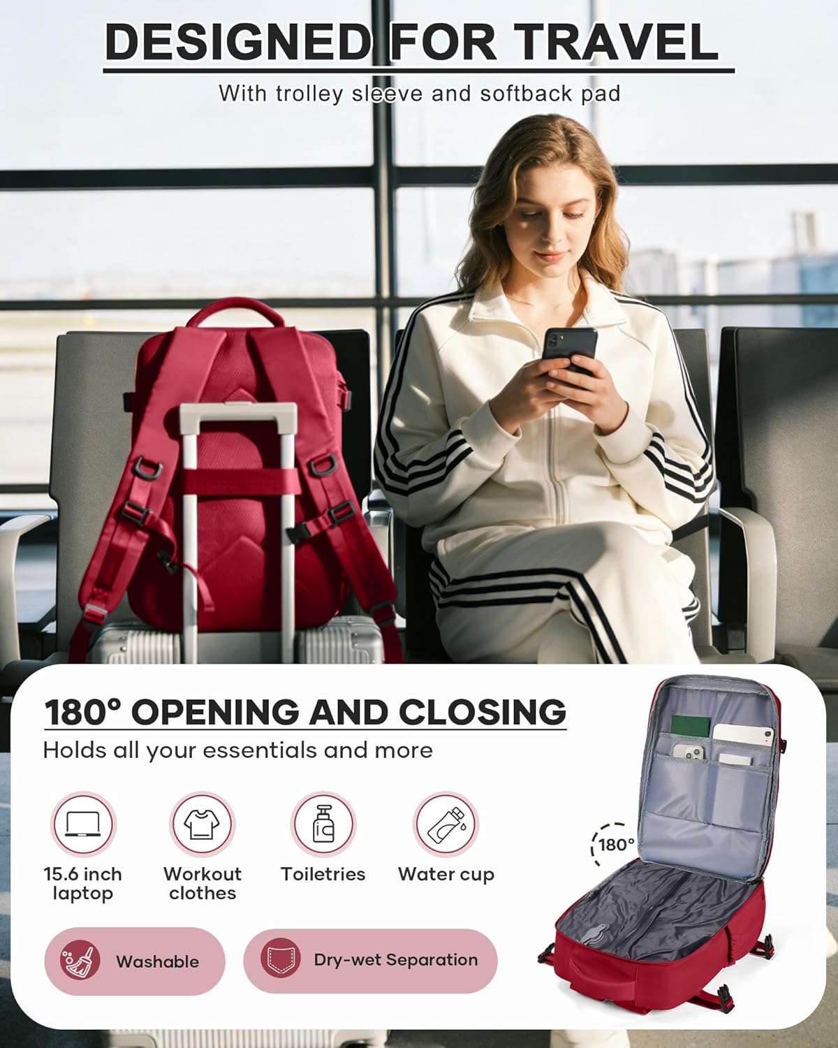 Women's Vacuum Travel Backpack, 18×14×8 Inch Carry-On for Spirit Airlines, Laptop Hiking Rucksack-red