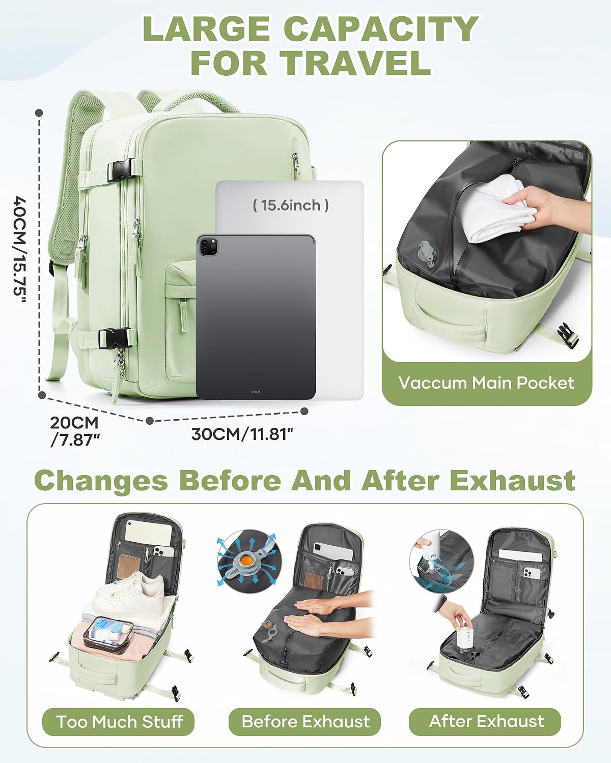 Women's Vacuum Travel Backpack, 18×14×8 Inch Carry-On for Spirit Airlines, Laptop Hiking Rucksack-mintgreen