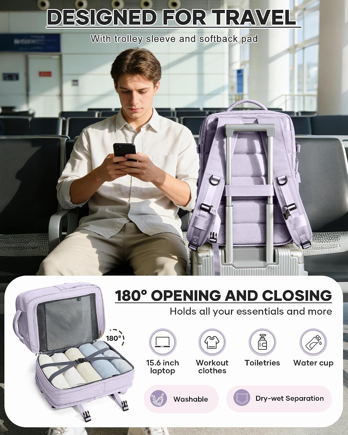 Women's Vacuum Travel Backpack, 18×14×8 Inch Carry-On for Spirit Airlines, Laptop Hiking Rucksack-purple