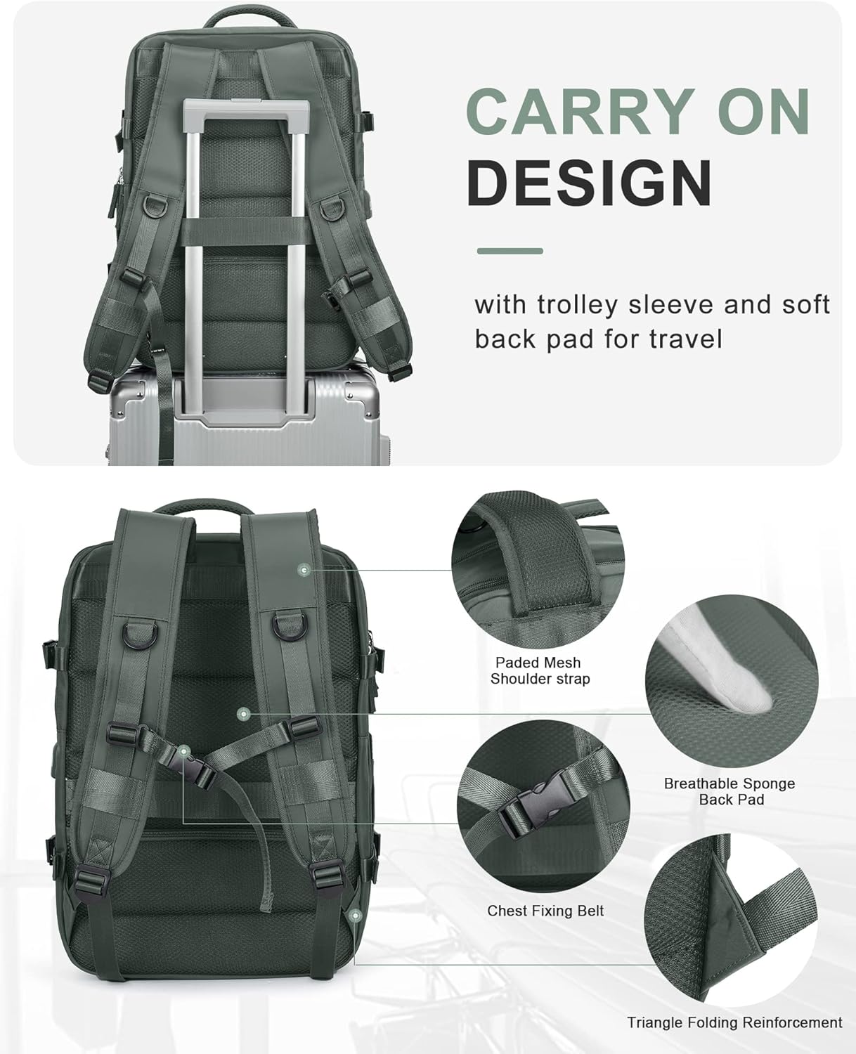 Women's Vacuum Travel Backpack, 18×14×8 Inch Carry-On for Spirit Airlines, Laptop Hiking Rucksack-darkgreen