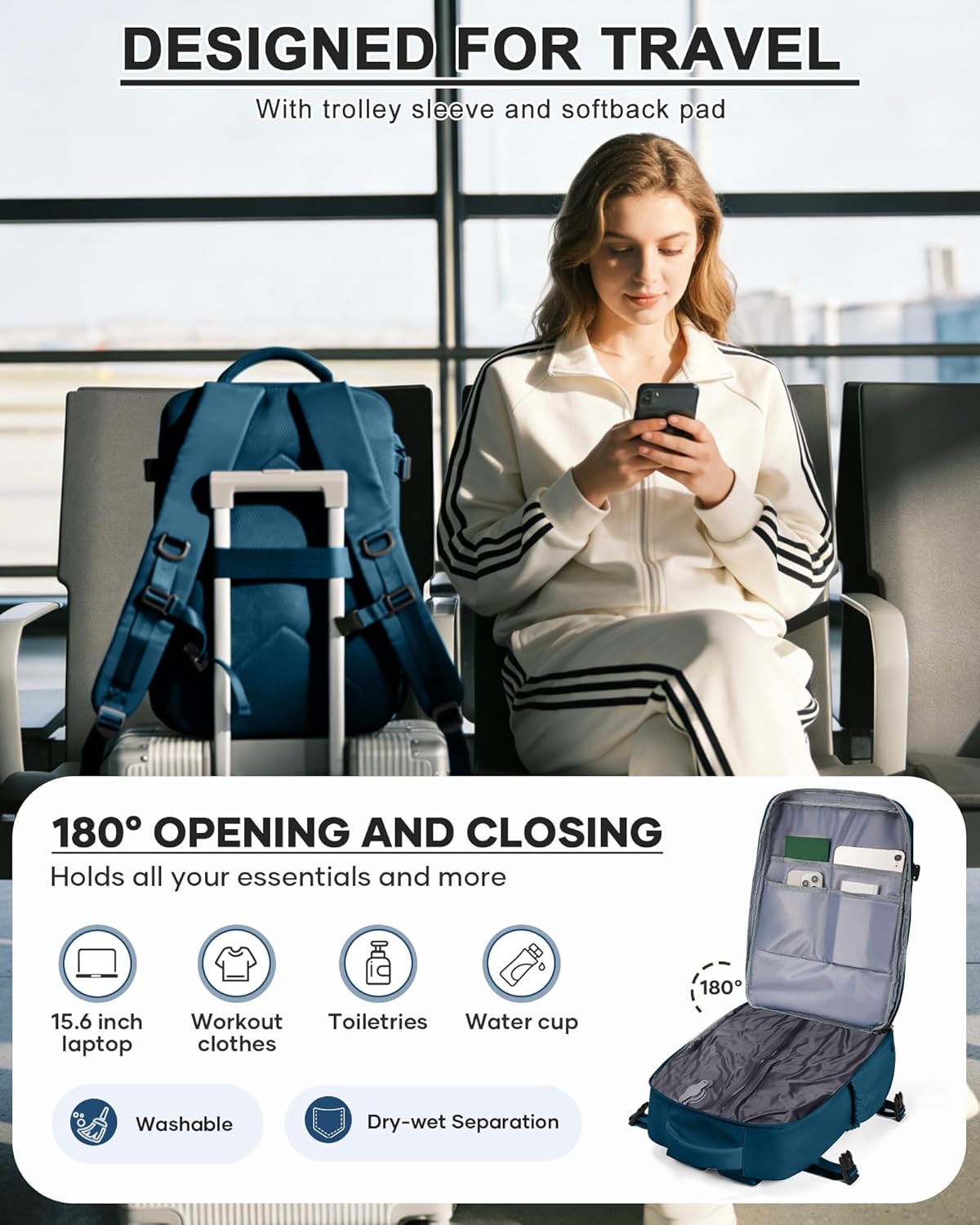 Women's Vacuum Travel Backpack, 18×14×8 Inch Carry-On for Spirit Airlines, Laptop Hiking Rucksack-peacockblue2