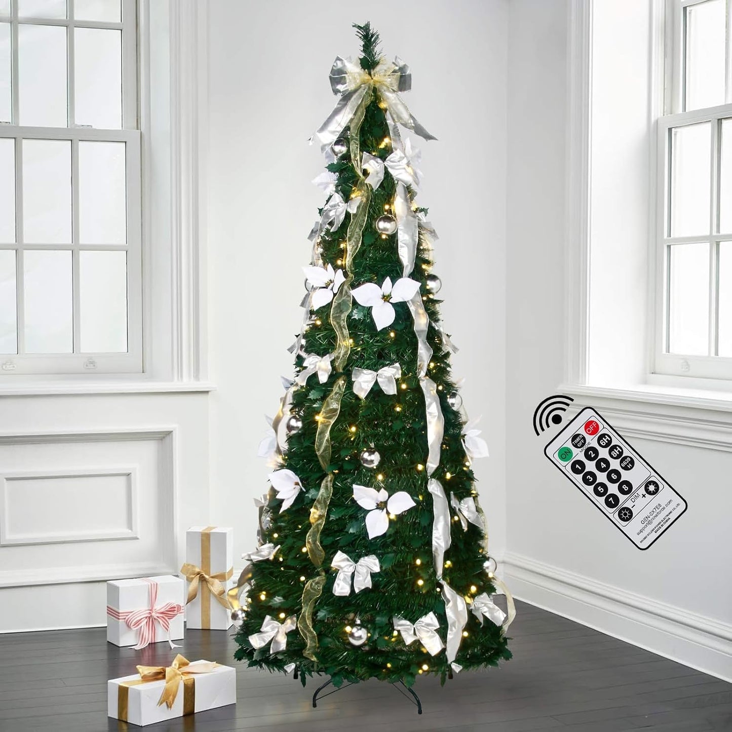 6FT Prelit Pop Up Artificial Christmas Tree Pull with Lights, Decorations, Remote - Red, Gold Ornaments, Bows, Ribbons