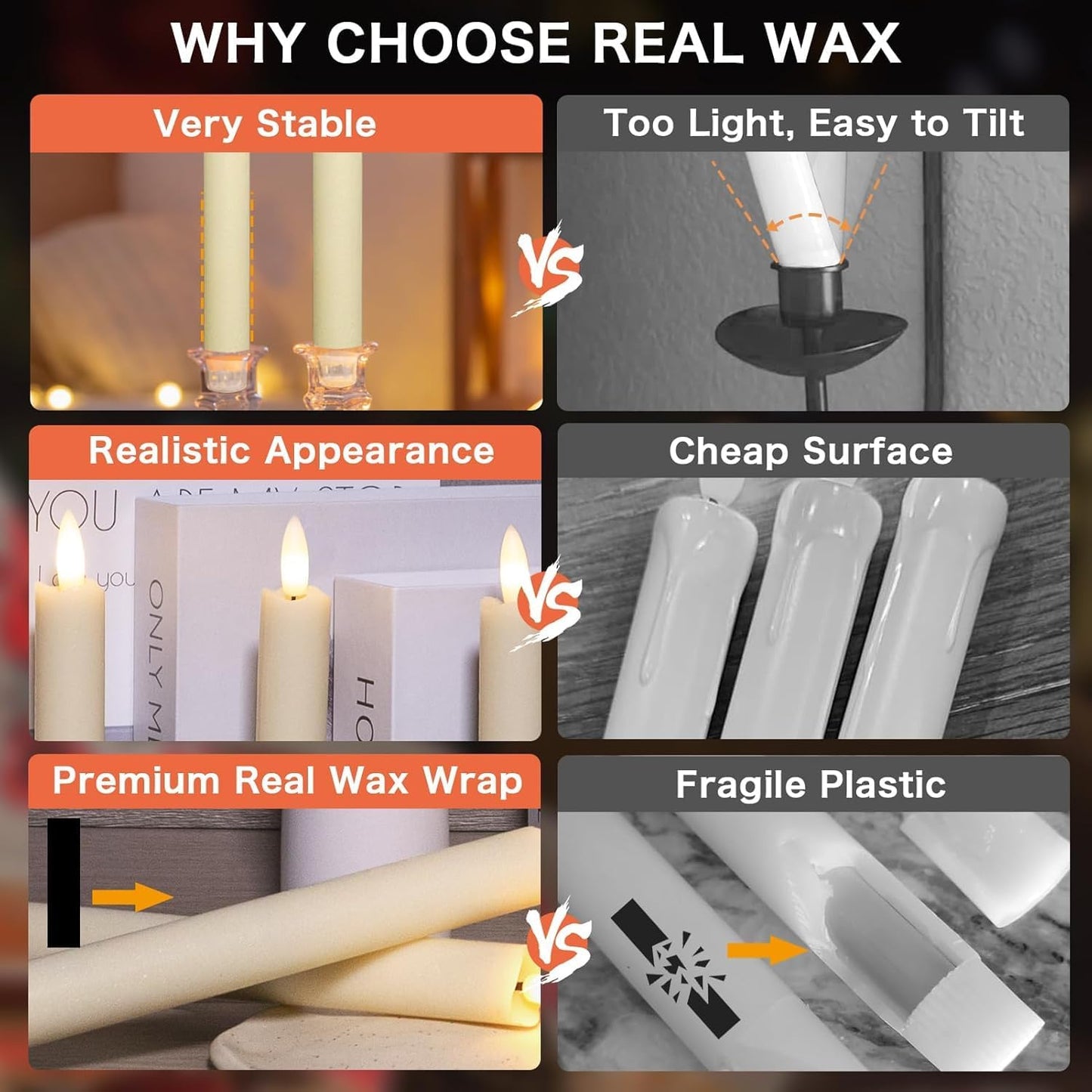 GameXcel 6Pcs Rechargeable Flameless Real Wax Flickering LED Taper Candles with Charger Remote Timer for Christmas Home Decor