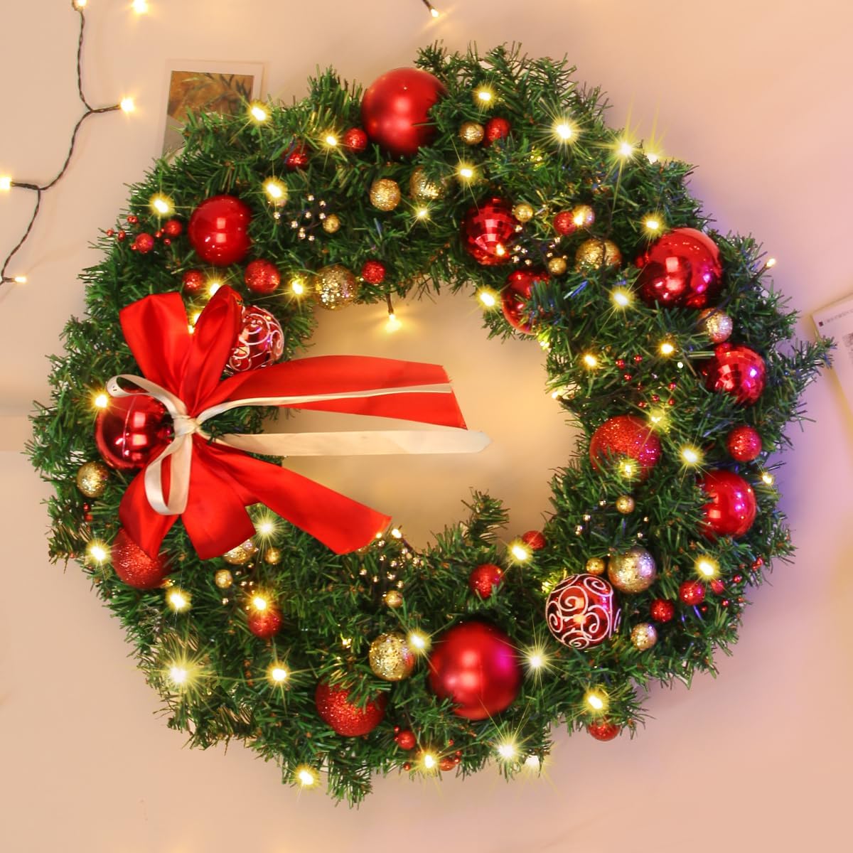 24" Christmas Wreath with LED String Lights and Ball Ornaments- Artificial Pine Prelit Christmas Door Wreath Garland Battery Operated with Timer - Including Wreath Hanger, Ornaments Decorations