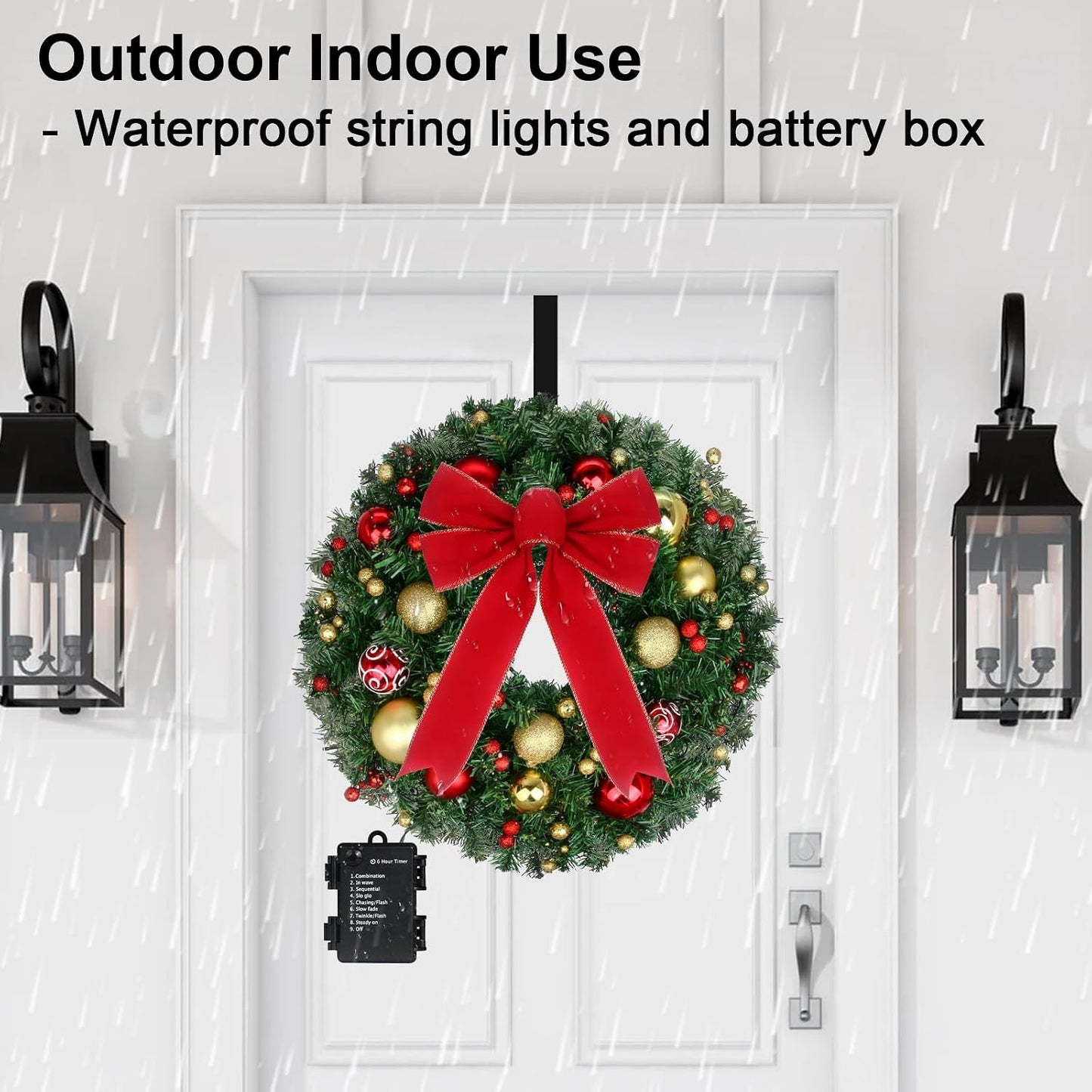 24" Christmas Wreath with LED String Lights and Ball Ornaments- Artificial Pine Prelit Christmas Door Wreath Garland Battery Operated with Timer - Including Wreath Hanger, Ornaments Decorations