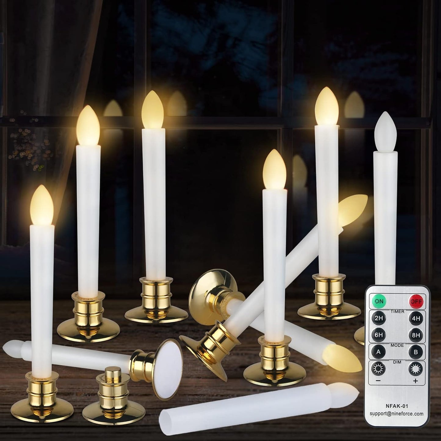 10 Pack Flameless LED Taper Candles with Remote & Timer – Battery Operated Flickering Window Candlesticks with Gold Holders – Safe Realistic Light for Christmas Home Wedding Decor Golden Holder