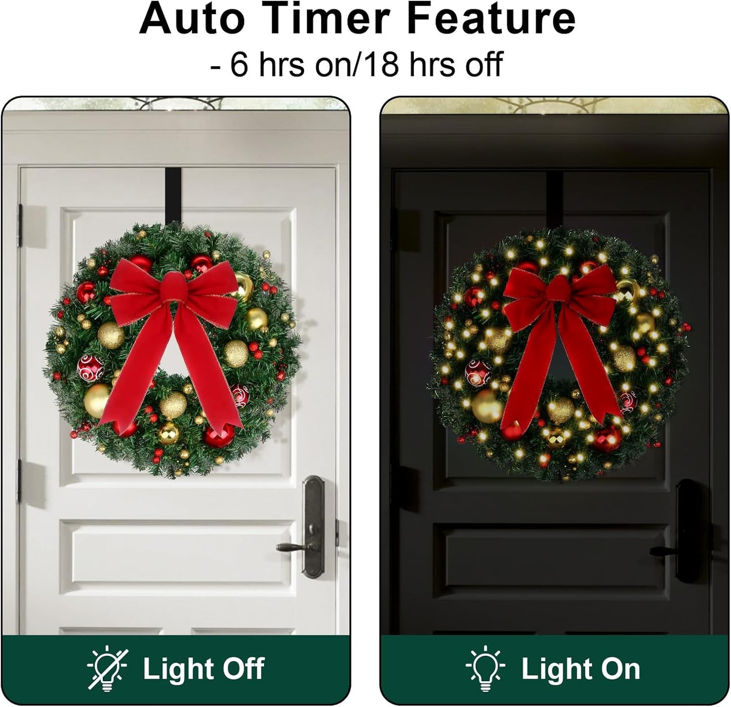 24" Christmas Wreath with LED String Lights and Ball Ornaments- Artificial Pine Prelit Christmas Door Wreath Garland Battery Operated with Timer - Including Wreath Hanger, Ornaments Decorations