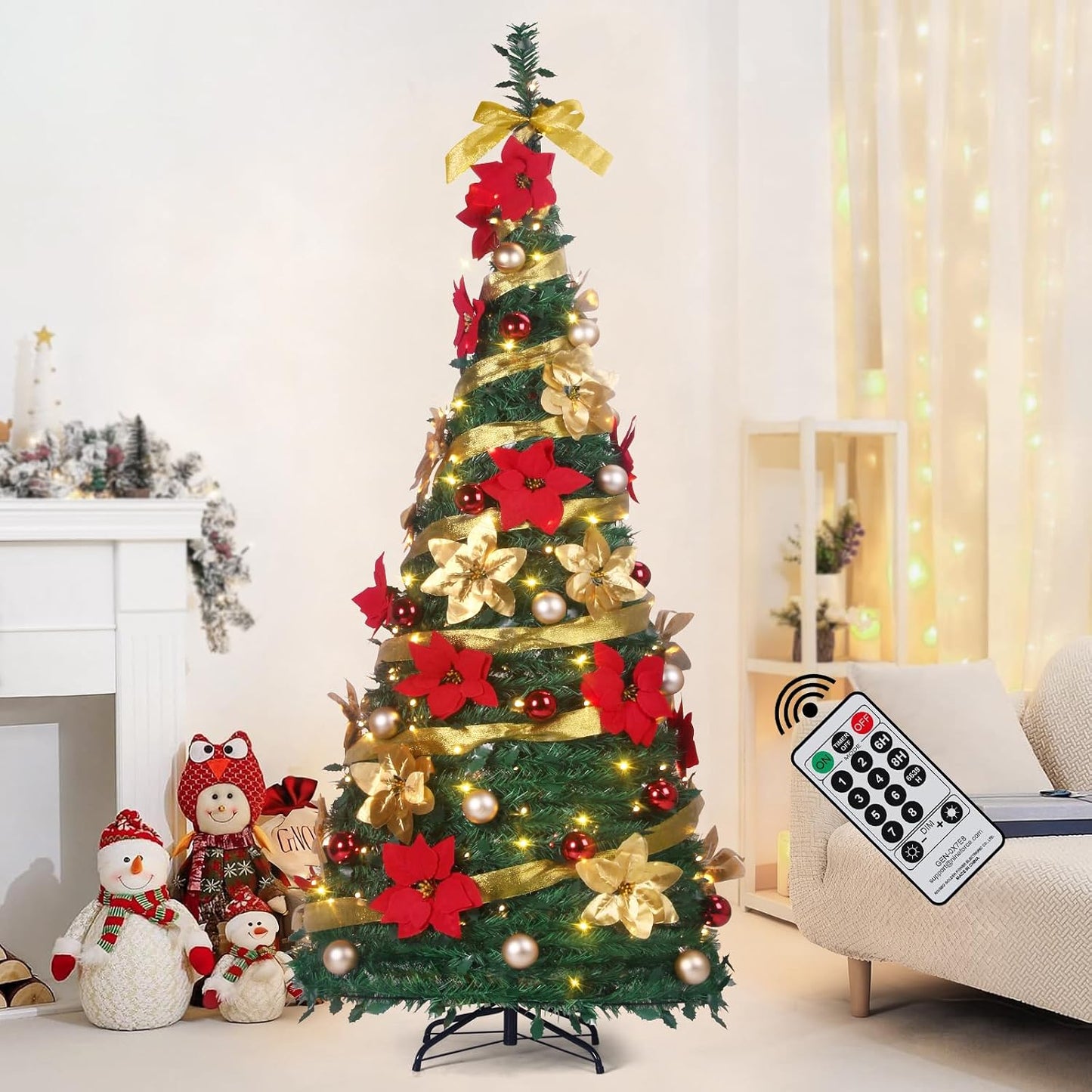 6FT Prelit Pop Up Artificial Christmas Tree Pull with Lights, Decorations, Remote - Red, Gold Ornaments, Bows, Ribbons