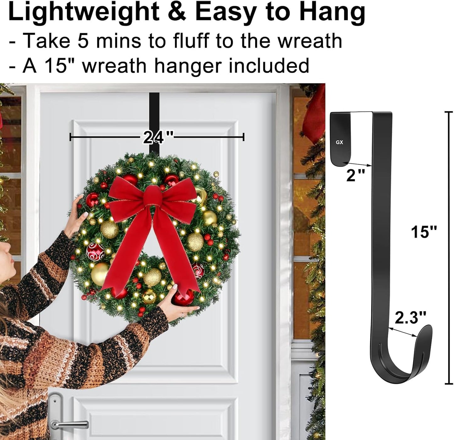 24" Christmas Wreath with LED String Lights and Ball Ornaments- Artificial Pine Prelit Christmas Door Wreath Garland Battery Operated with Timer - Including Wreath Hanger, Ornaments Decorations