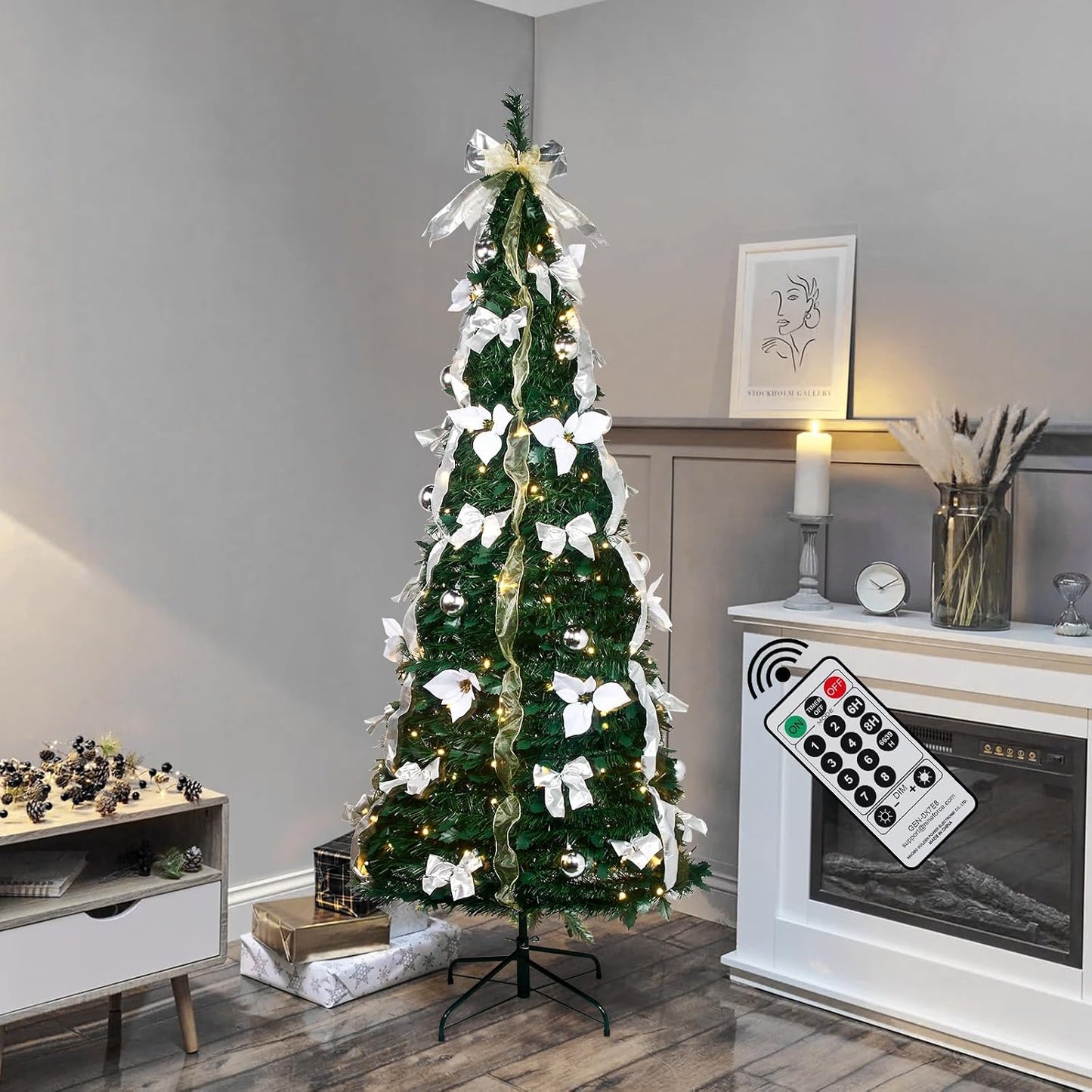 6FT Prelit Pop Up Artificial Christmas Tree Pull with Lights, Decorations, Remote - Red, Gold Ornaments, Bows, Ribbons