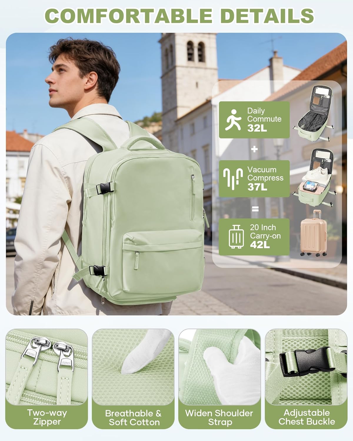 Women's Vacuum Travel Backpack, 18×14×8 Inch Carry-On for Spirit Airlines, Laptop Hiking Rucksack-mintgreen