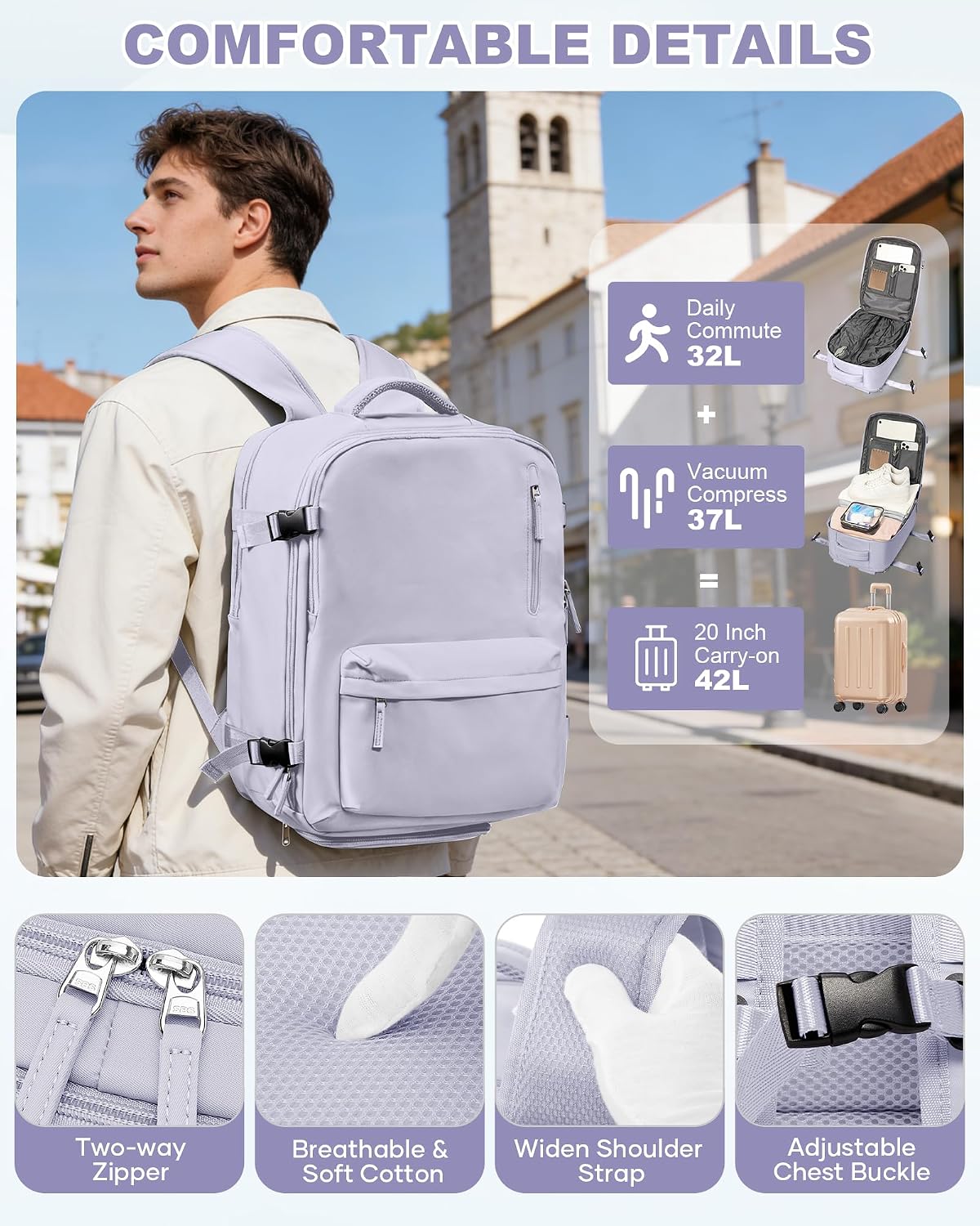 Women's Vacuum Travel Backpack, 18×14×8 Inch Carry-On for Spirit Airlines, Laptop Hiking Rucksack-taropurple