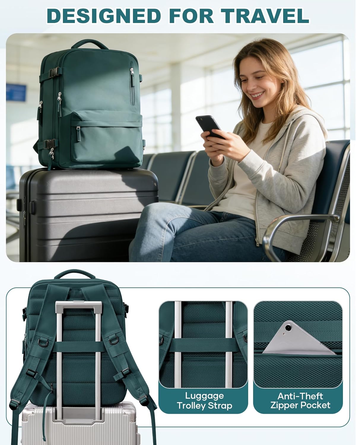 Women's Vacuum Travel Backpack, 18×14×8 Inch Carry-On for Spirit Airlines, Laptop Hiking Rucksack-peacockblue1