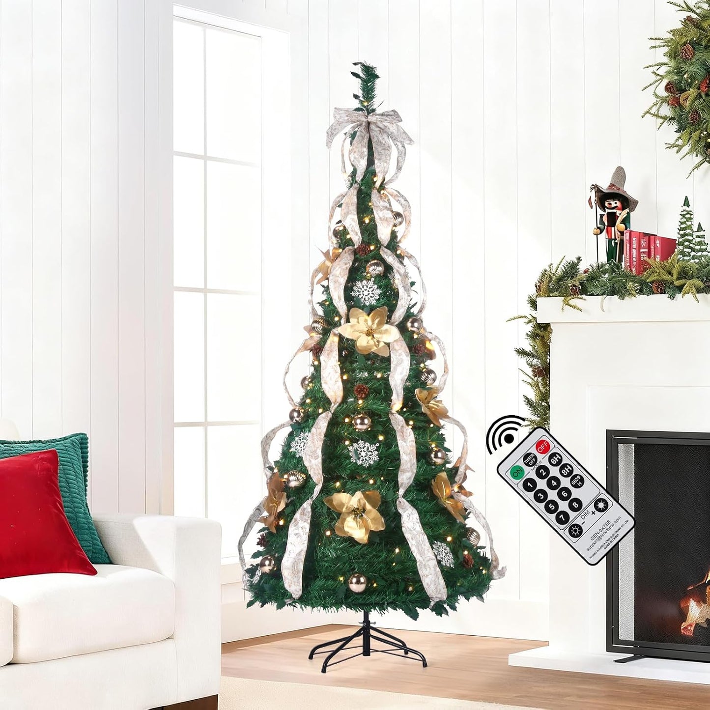 6FT Prelit Pop Up Artificial Christmas Tree Pull with Lights, Decorations, Remote - Red, Gold Ornaments, Bows, Ribbons