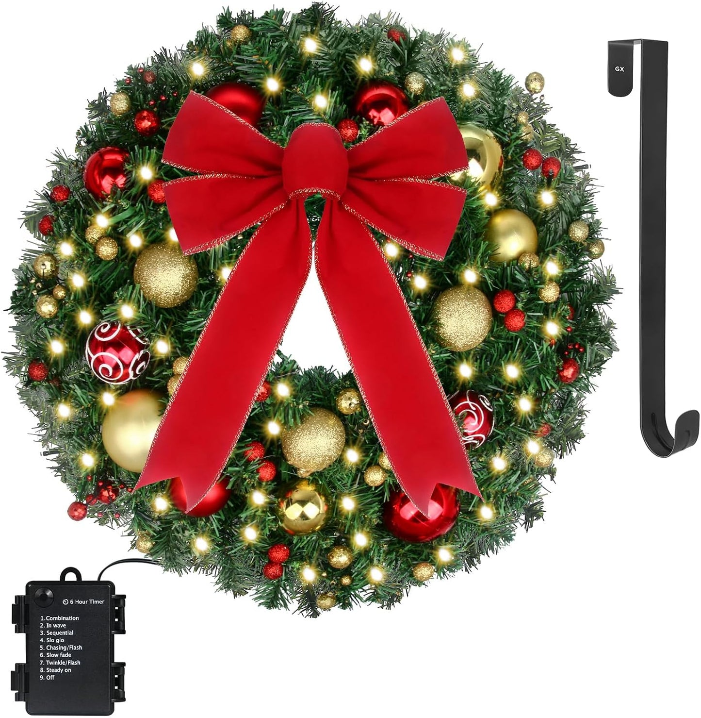 24" Christmas Wreath with LED String Lights and Ball Ornaments- Artificial Pine Prelit Christmas Door Wreath Garland Battery Operated with Timer - Including Wreath Hanger, Ornaments Decorations