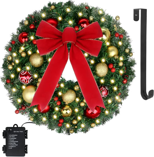 24" Christmas Wreath with LED String Lights and Ball Ornaments- Artificial Pine Prelit Christmas Door Wreath Garland Battery Operated with Timer - Including Wreath Hanger, Ornaments Decorations