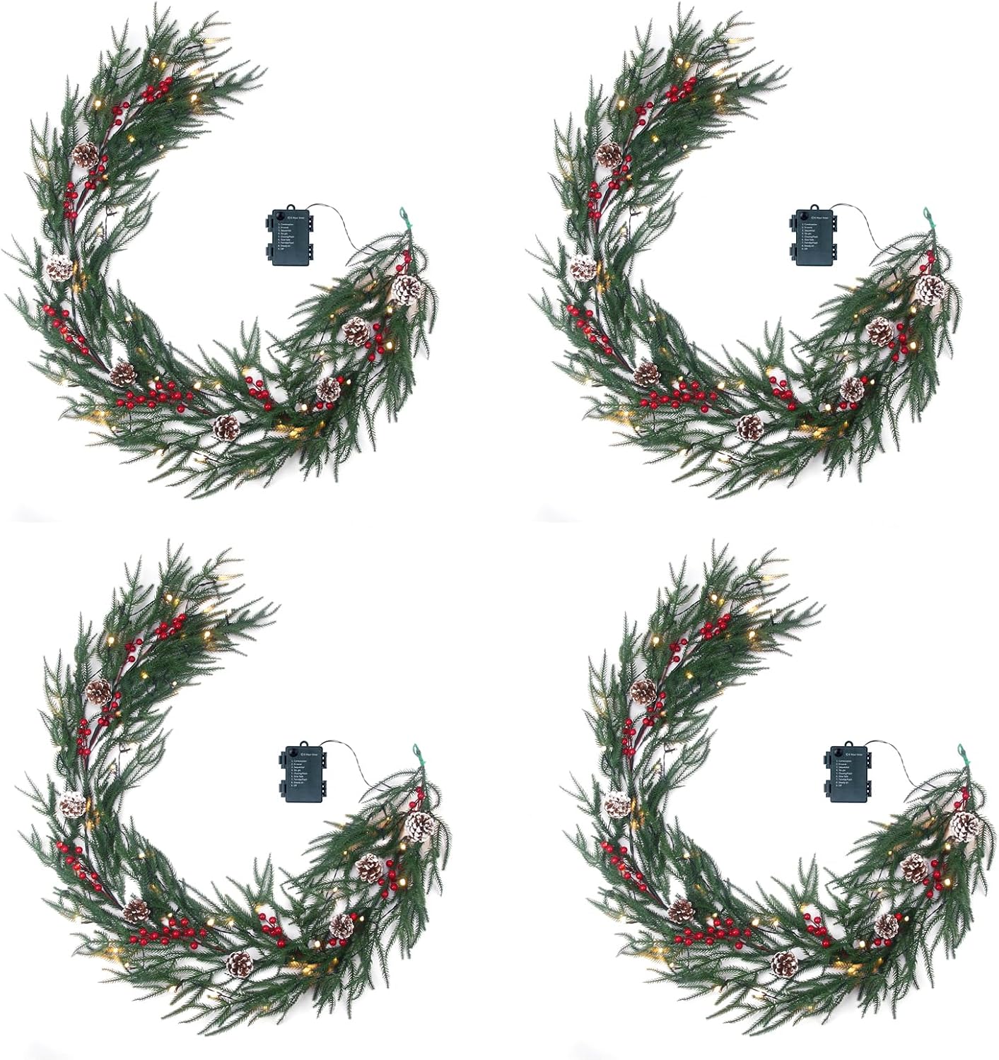 10FT Christmas Garland with 50 LED Lights - Pre-lit Outdoor Xmas Garland - Battery Powered Waterproof String Light with Timer - Pine Garland with Red Berries Snow Pine Cones - 10 Foot by 10 Inch