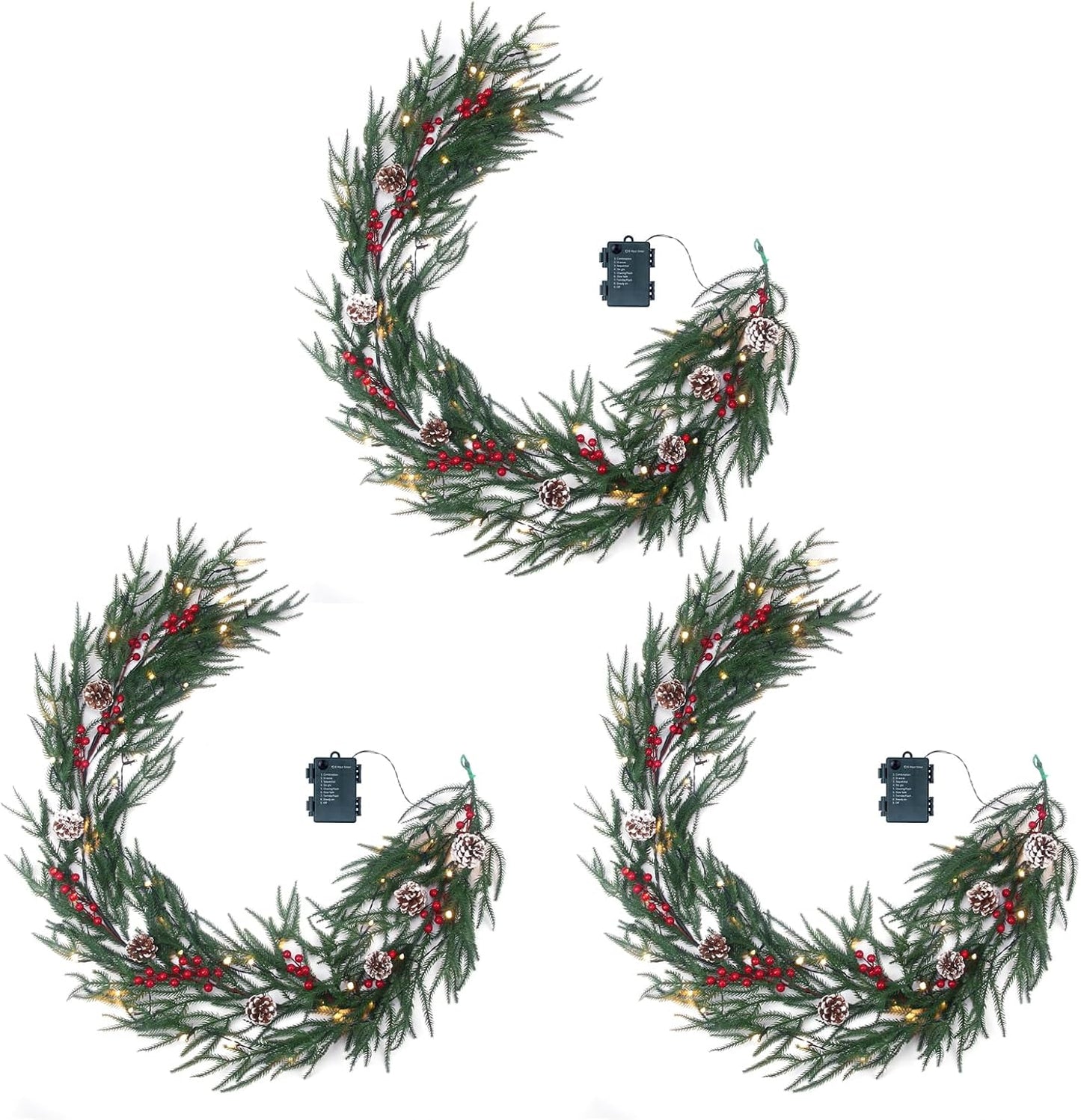 10FT Christmas Garland with 50 LED Lights - Pre-lit Outdoor Xmas Garland - Battery Powered Waterproof String Light with Timer - Pine Garland with Red Berries Snow Pine Cones - 10 Foot by 10 Inch