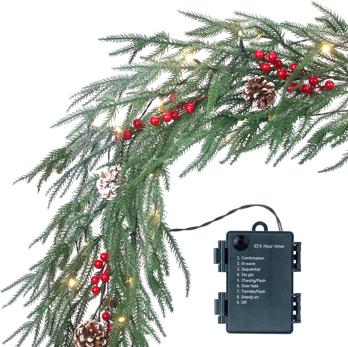 10FT Christmas Garland with 50 LED Lights - Pre-lit Outdoor Xmas Garland - Battery Powered Waterproof String Light with Timer - Pine Garland with Red Berries Snow Pine Cones - 10 Foot by 10 Inch