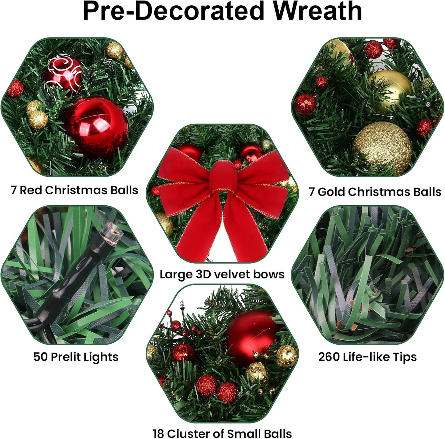 24" Christmas Wreath with LED String Lights and Ball Ornaments- Artificial Pine Prelit Christmas Door Wreath Garland Battery Operated with Timer - Including Wreath Hanger, Ornaments Decorations