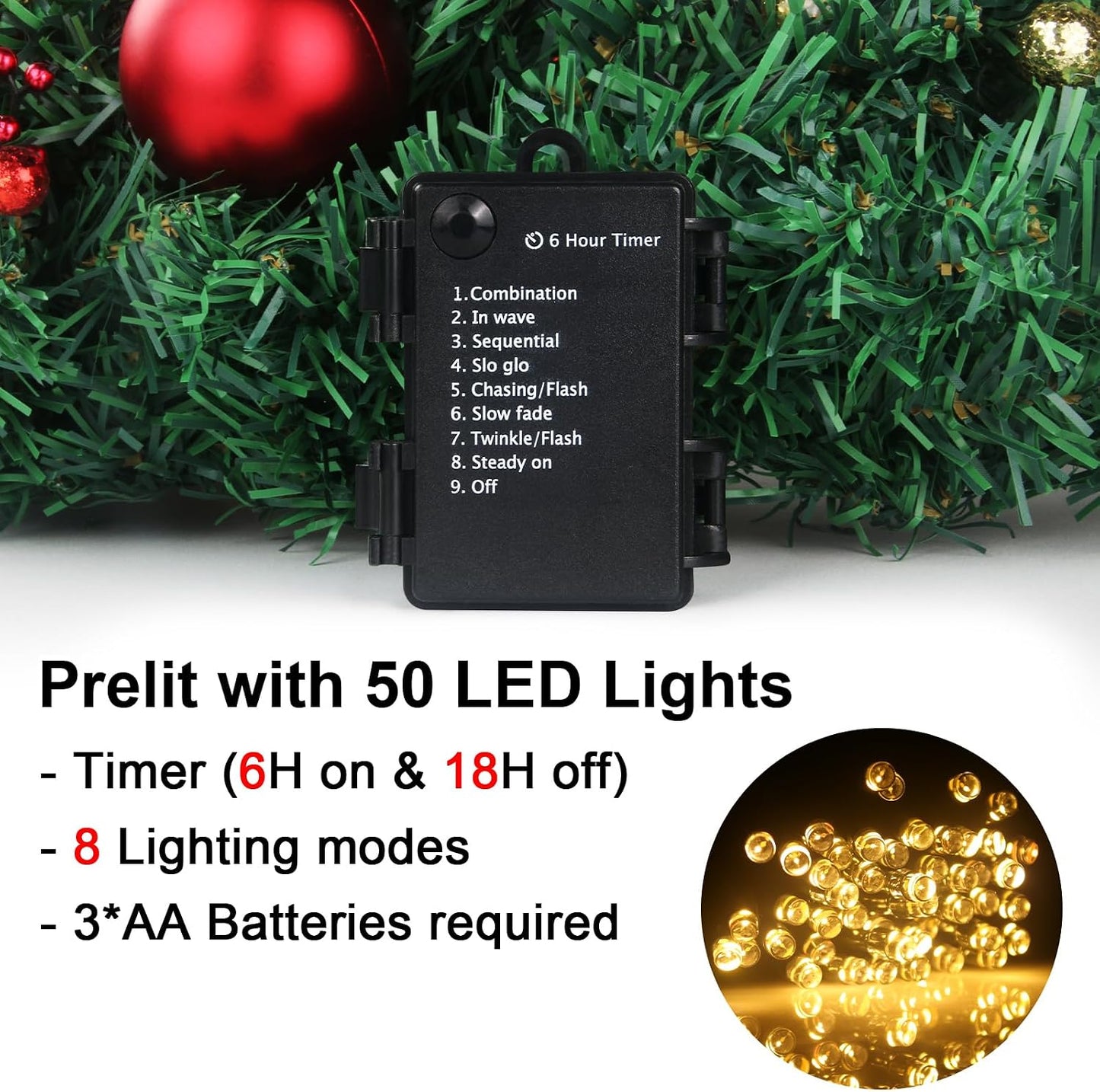 24" Christmas Wreath with LED String Lights and Ball Ornaments- Artificial Pine Prelit Christmas Door Wreath Garland Battery Operated with Timer - Including Wreath Hanger, Ornaments Decorations