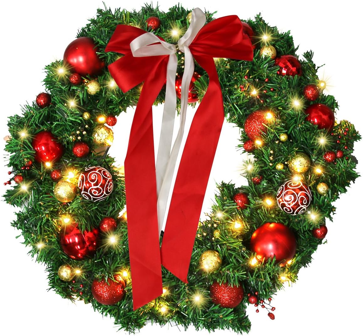 24" Christmas Wreath with LED String Lights and Ball Ornaments- Artificial Pine Prelit Christmas Door Wreath Garland Battery Operated with Timer - Including Wreath Hanger, Ornaments Decorations