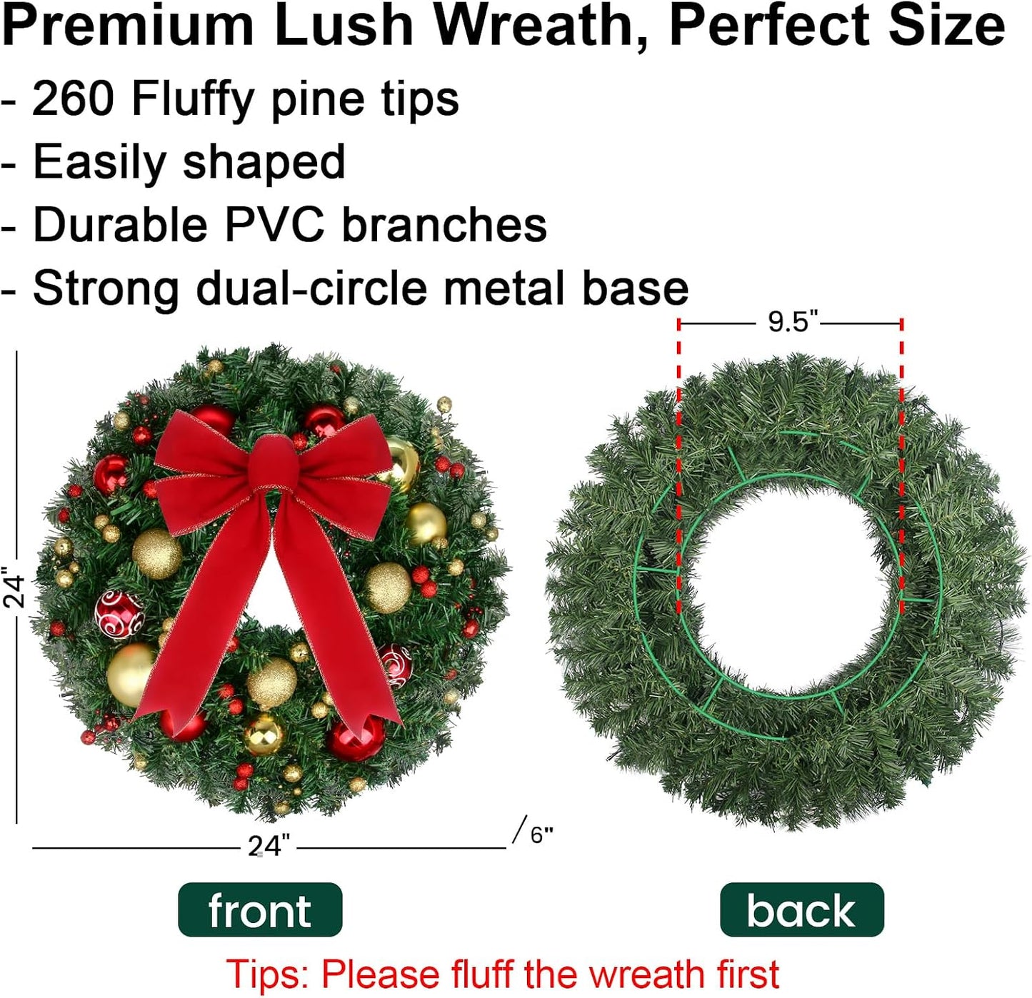 24" Christmas Wreath with LED String Lights and Ball Ornaments- Artificial Pine Prelit Christmas Door Wreath Garland Battery Operated with Timer - Including Wreath Hanger, Ornaments Decorations