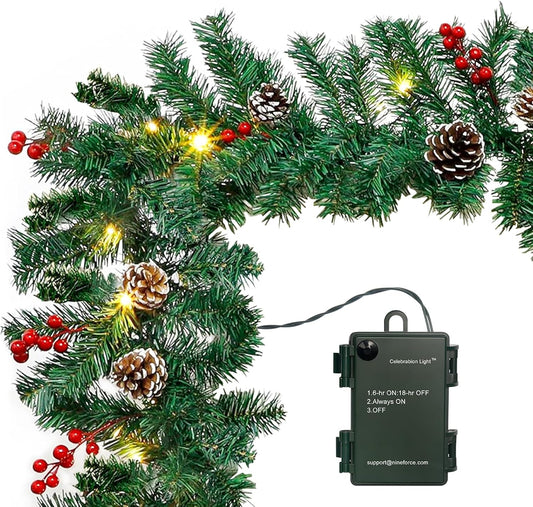10FT Christmas Garland with 50 LED Lights - Pre-lit Outdoor Xmas Garland - Battery Powered Waterproof String Light with Timer - Pine Garland with Red Berries Snow Pine Cones - 10 Foot by 10 Inch