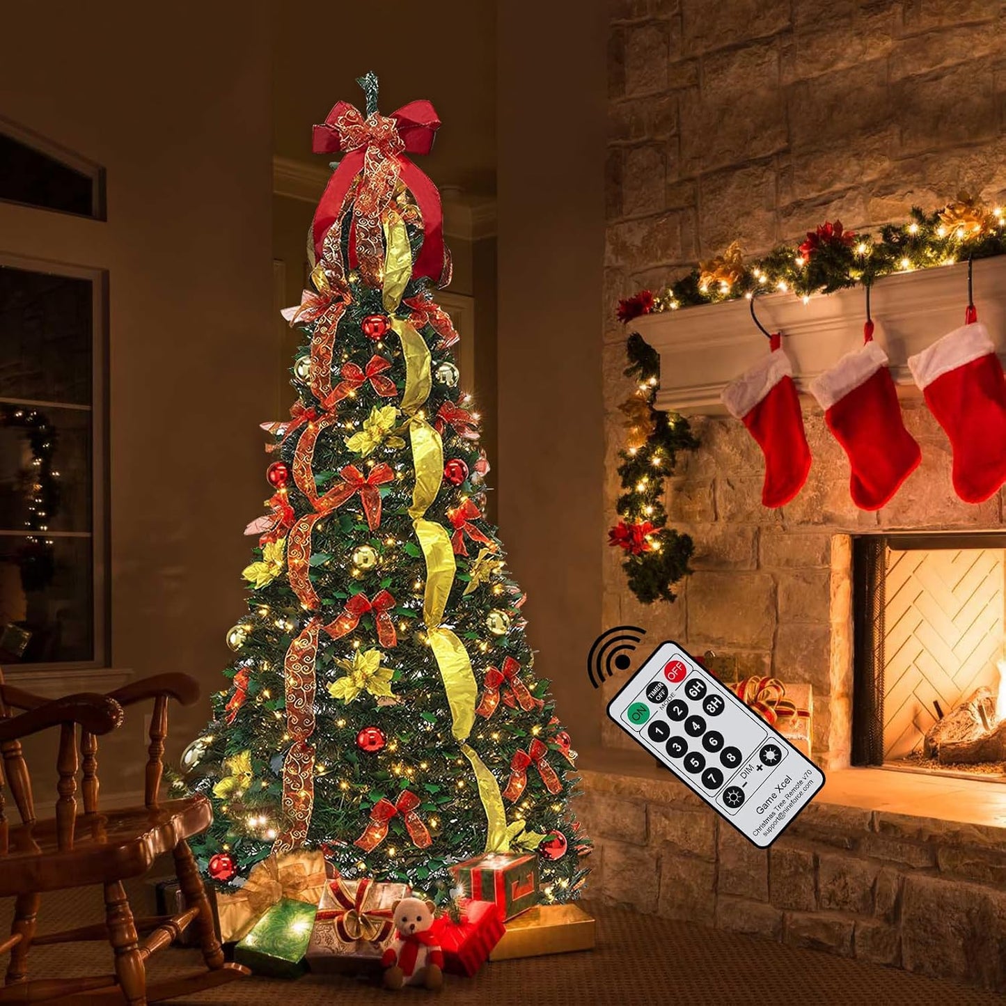 6FT Prelit Pop Up Artificial Christmas Tree Pull with Lights, Decorations, Remote - Red, Gold Ornaments, Bows, Ribbons