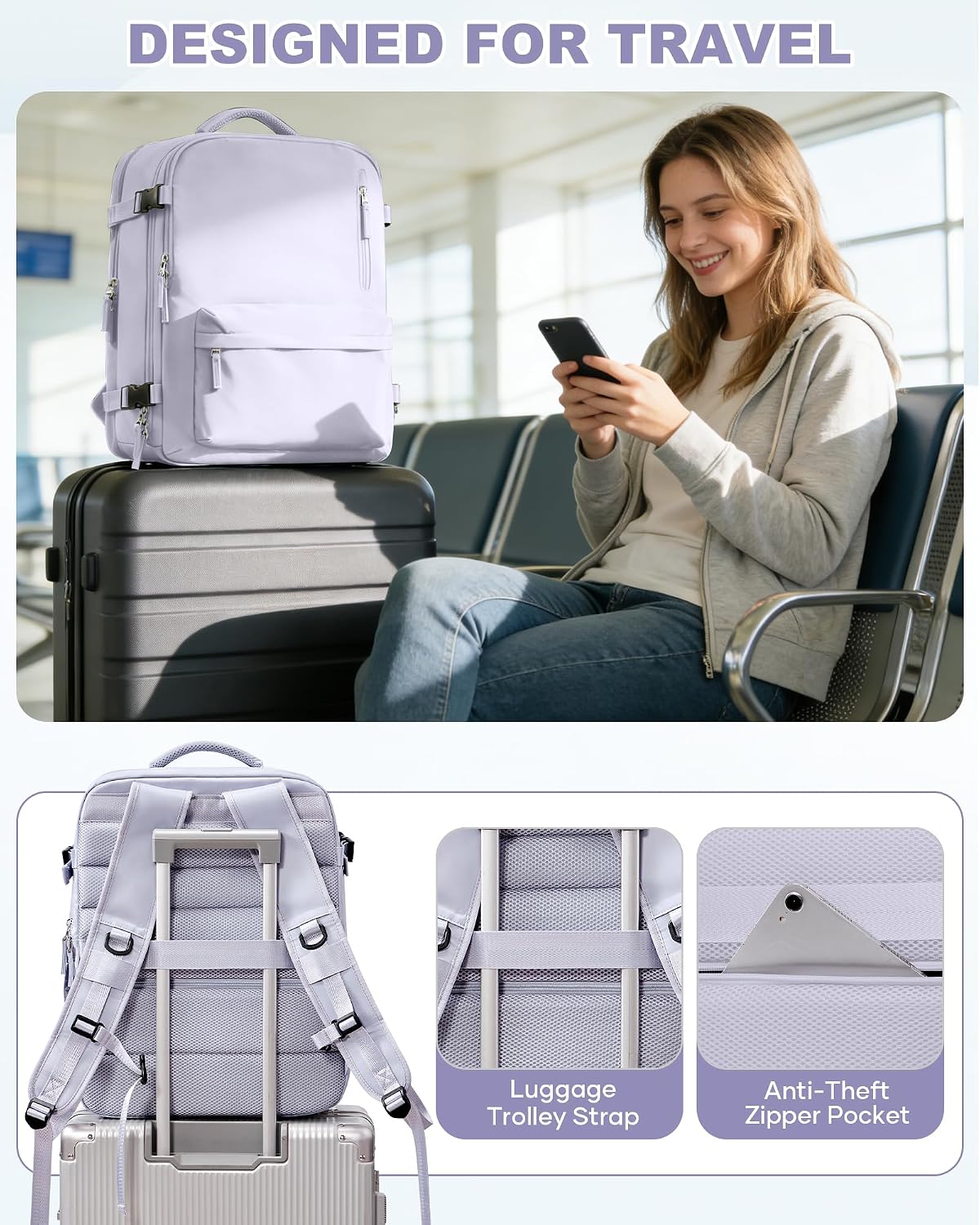 Women's Vacuum Travel Backpack, 18×14×8 Inch Carry-On for Spirit Airlines, Laptop Hiking Rucksack-taropurple
