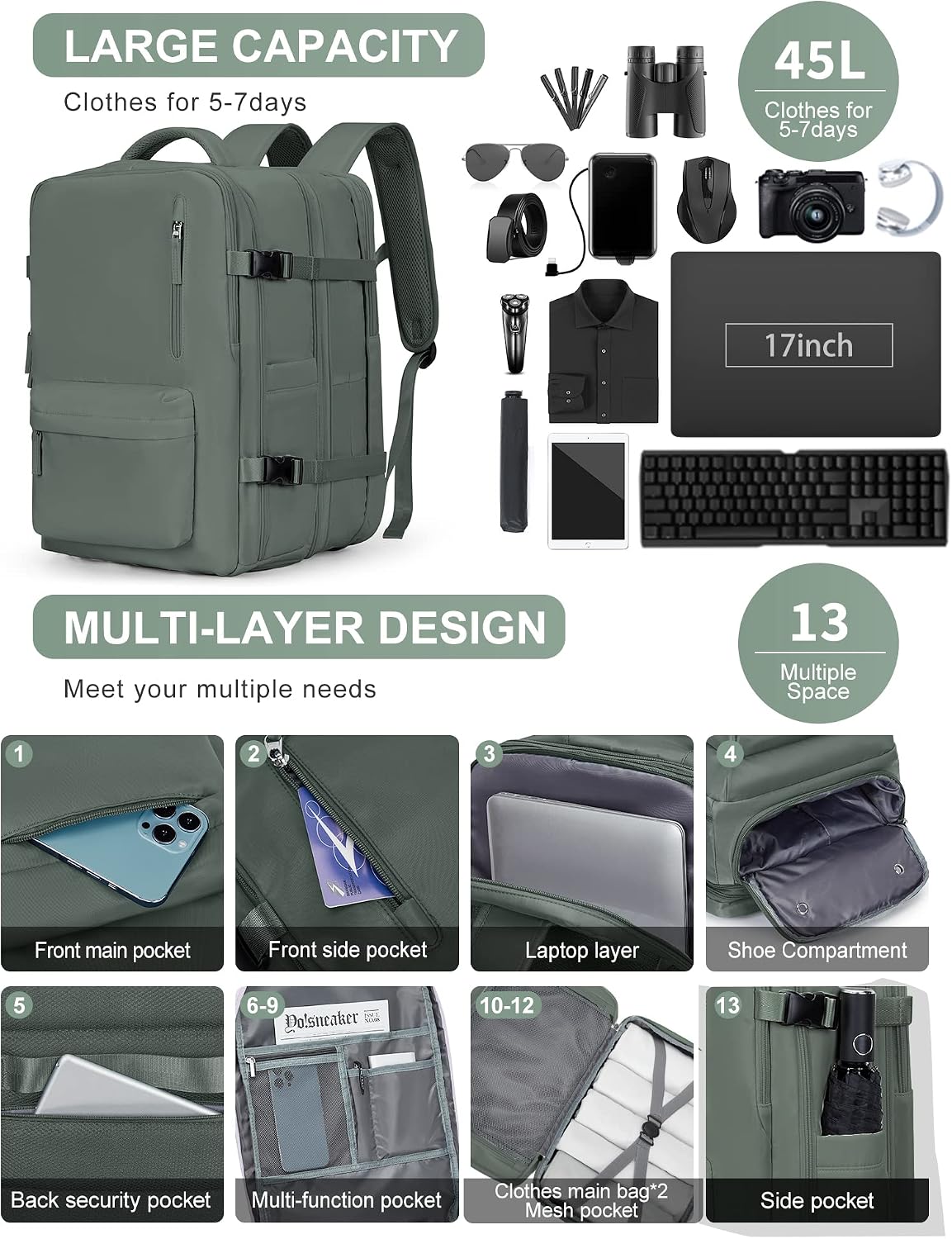 Women's Vacuum Travel Backpack, 18×14×8 Inch Carry-On for Spirit Airlines, Laptop Hiking Rucksack-darkgreen